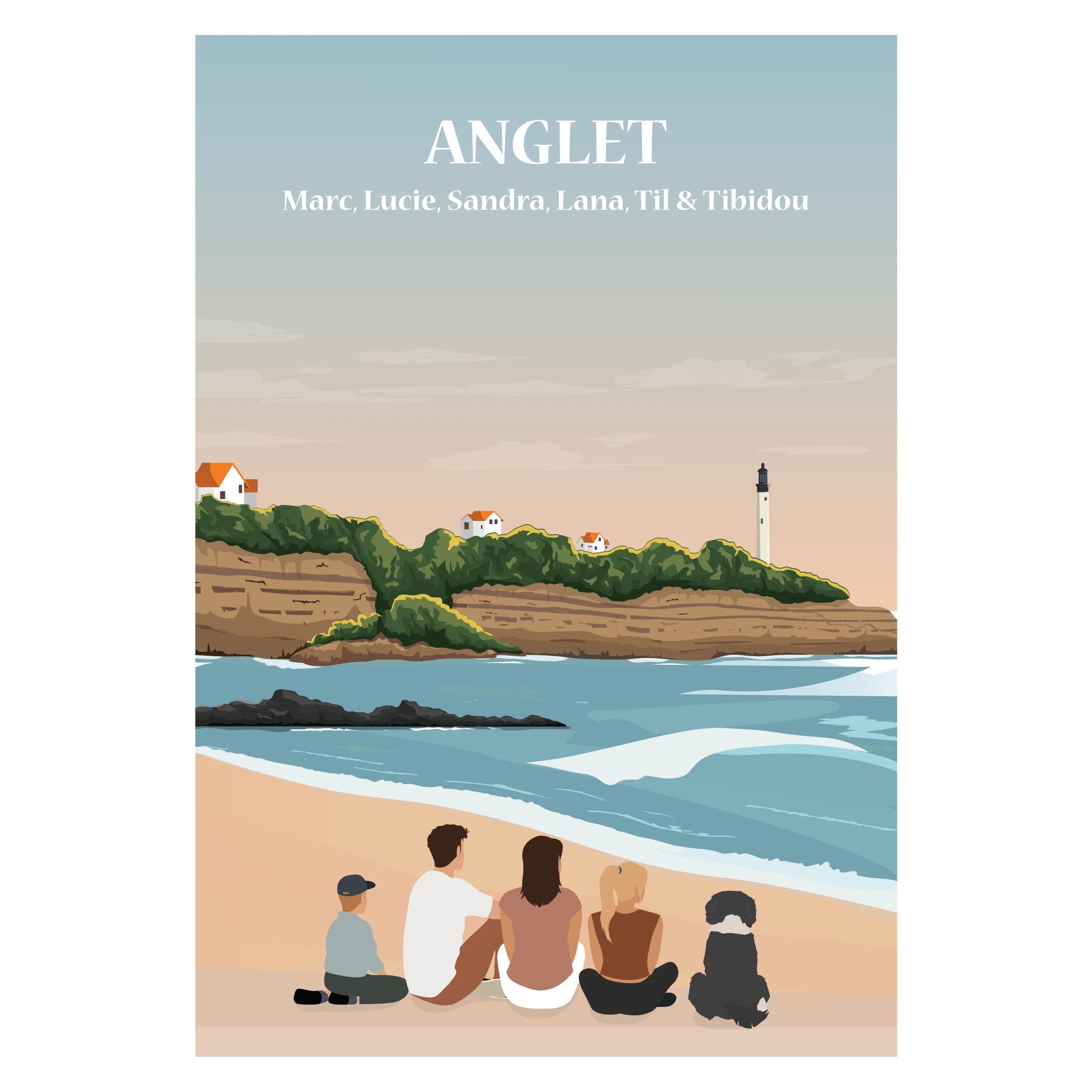 Famille assise de dos face à l’océan à Anglet, une affiche personnalisée.