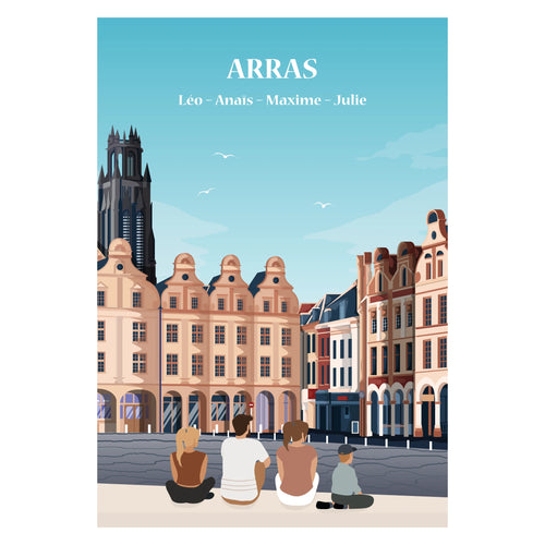 ffiche personnalisée représentant une famille assise face aux bâtiments historiques d’Arras, affiche décorative.