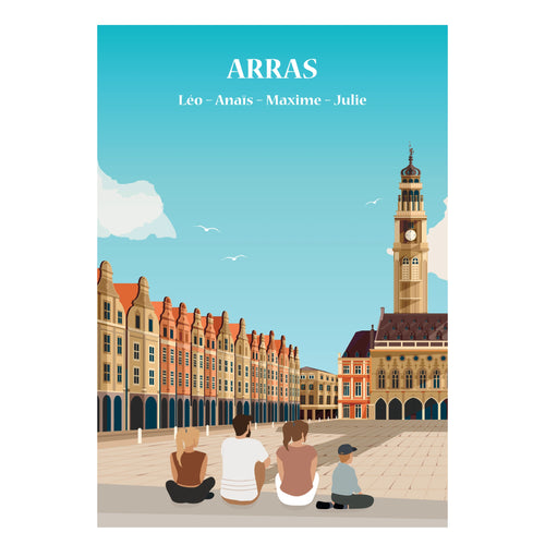 ffiche personnalisée représentant une famille assise face aux bâtiments historiques d’Arras, affiche décorative.