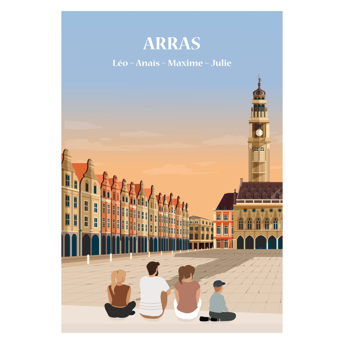 ffiche personnalisée représentant une famille assise face aux bâtiments historiques d’Arras, affiche décorative.