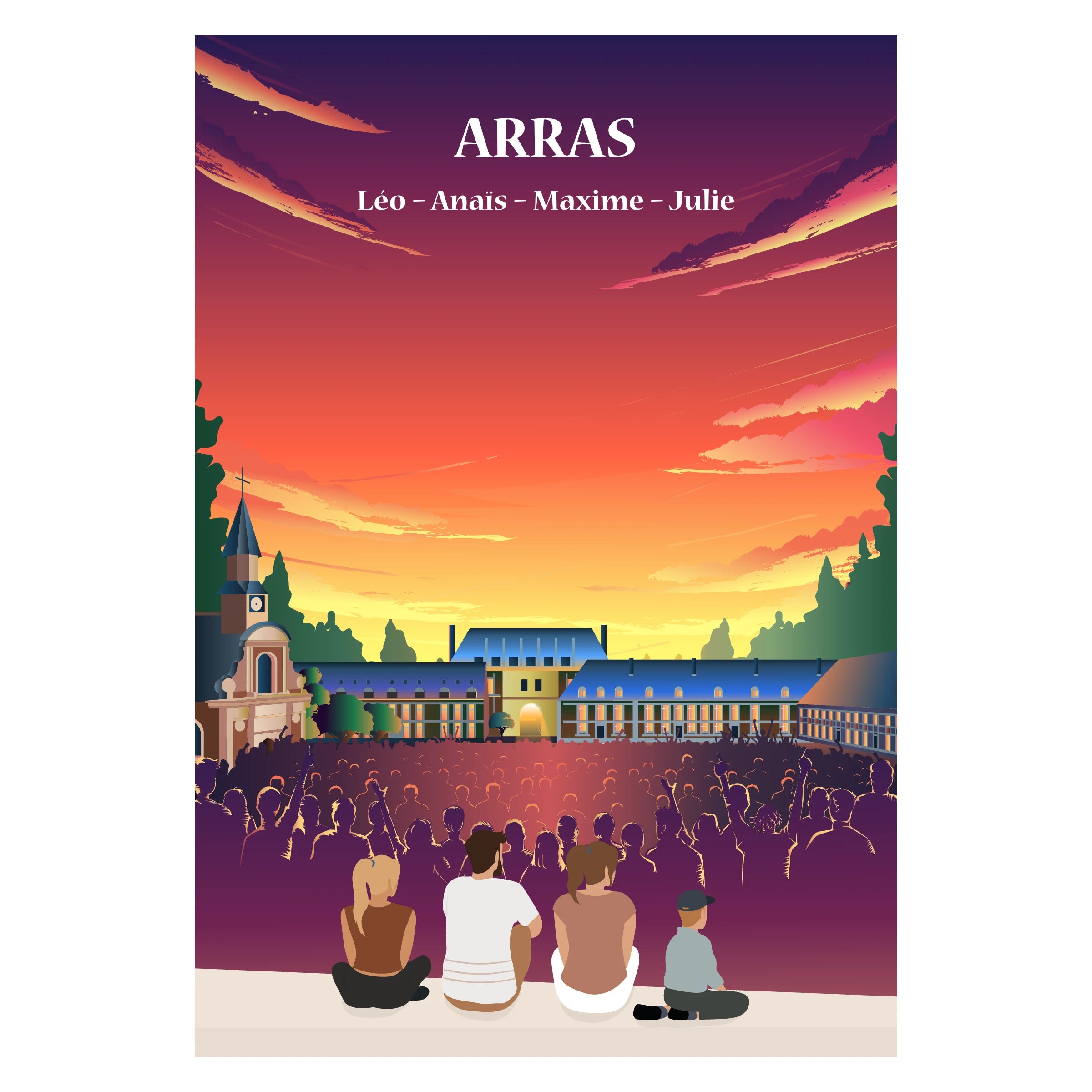 ffiche personnalisée représentant une famille assise face aux bâtiments historiques d’Arras, affiche décorative.