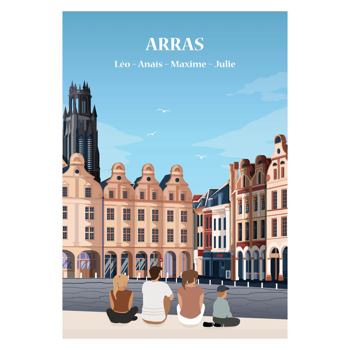 ffiche personnalisée représentant une famille assise face aux bâtiments historiques d’Arras, affiche décorative.