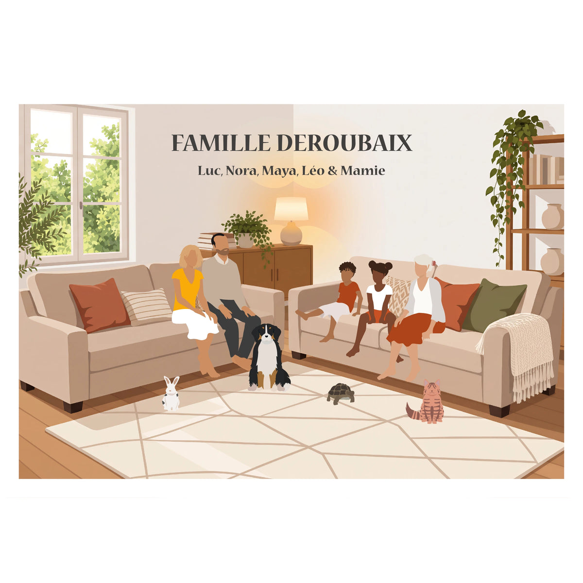 Affiche d'une famille assise dans le salon.