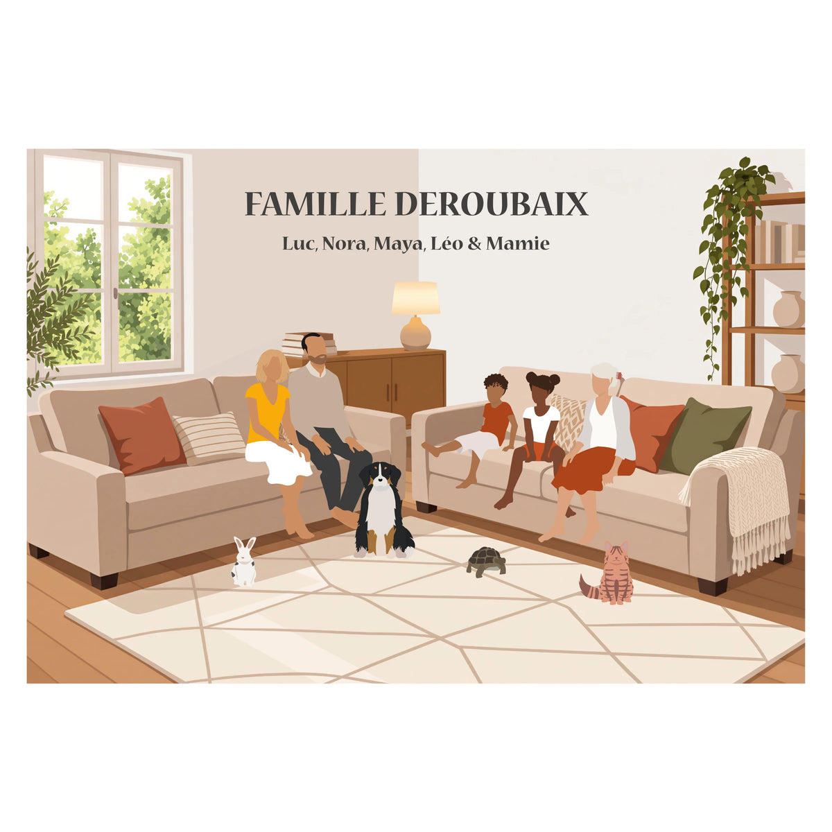 Affiche d'une famille assise dans le salon.