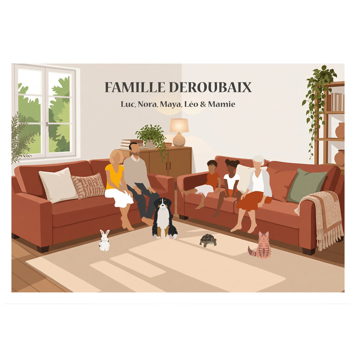 Affiche d'une famille assise dans le salon.