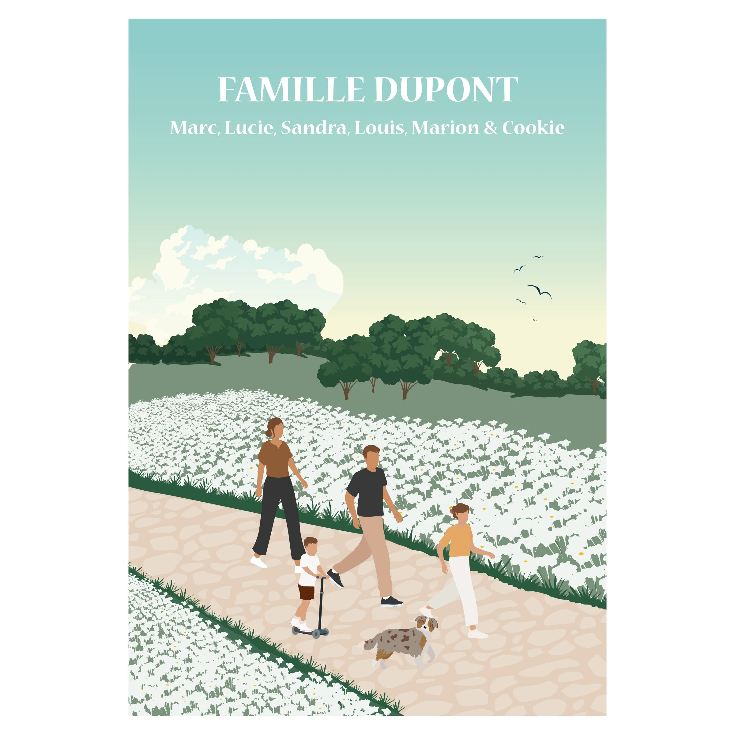 Affiche illustrée et personnalisable représentant une famille en balade, avec différents fonds disponibles (nature, mer ou montagne).