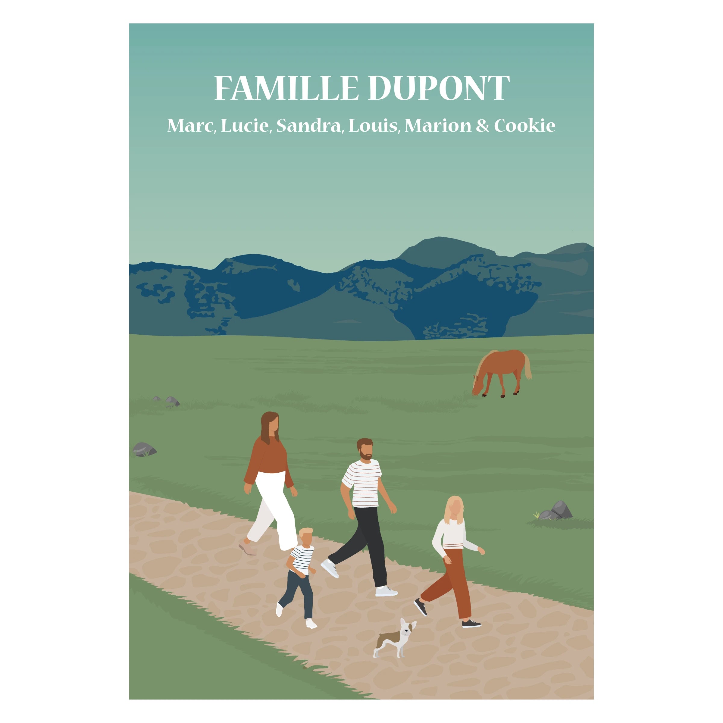 Affiche illustrée et personnalisable représentant une famille en balade, avec différents fonds disponibles (nature, mer ou montagne).