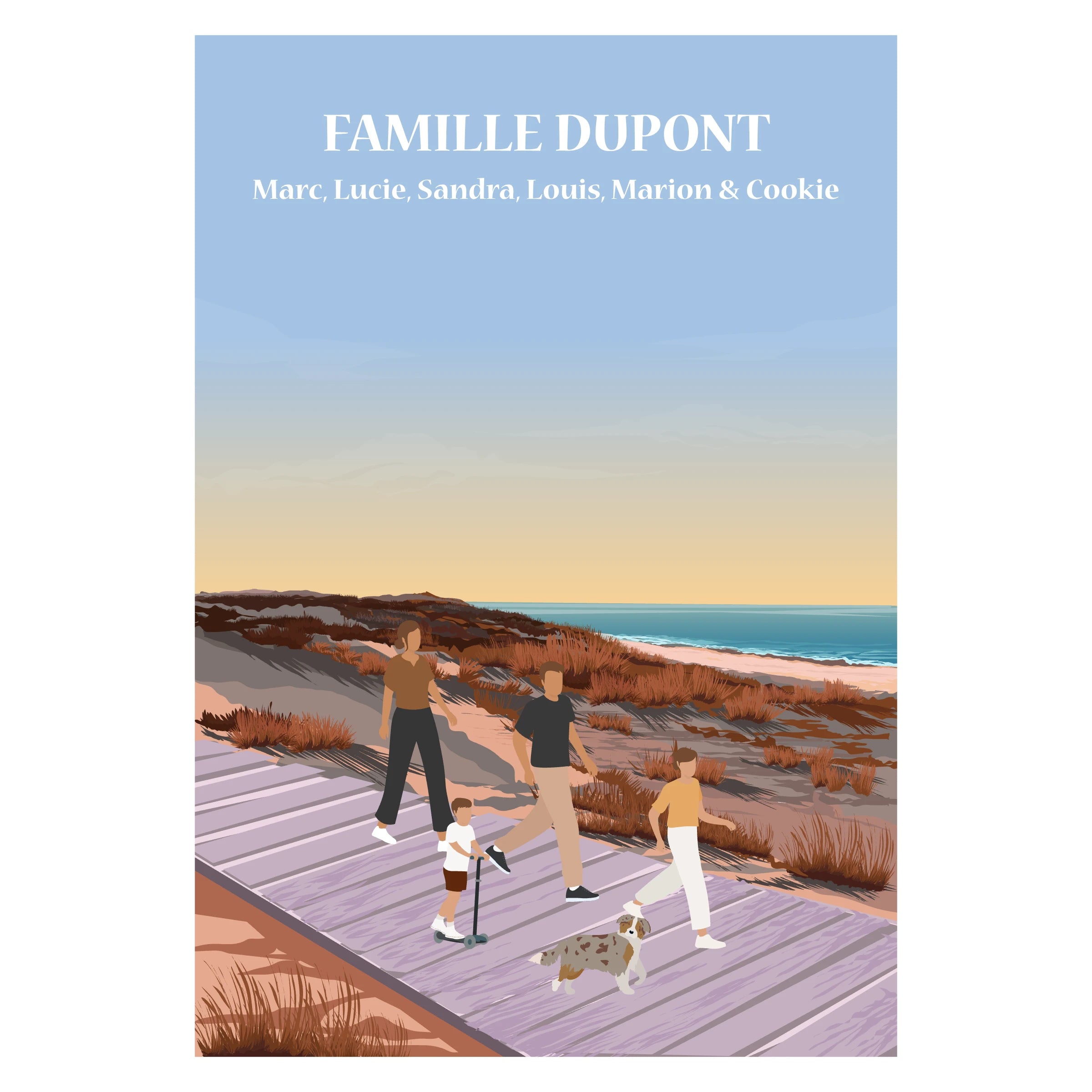 Affiche illustrée et personnalisable représentant une famille en balade, avec différents fonds disponibles (nature, mer ou montagne).