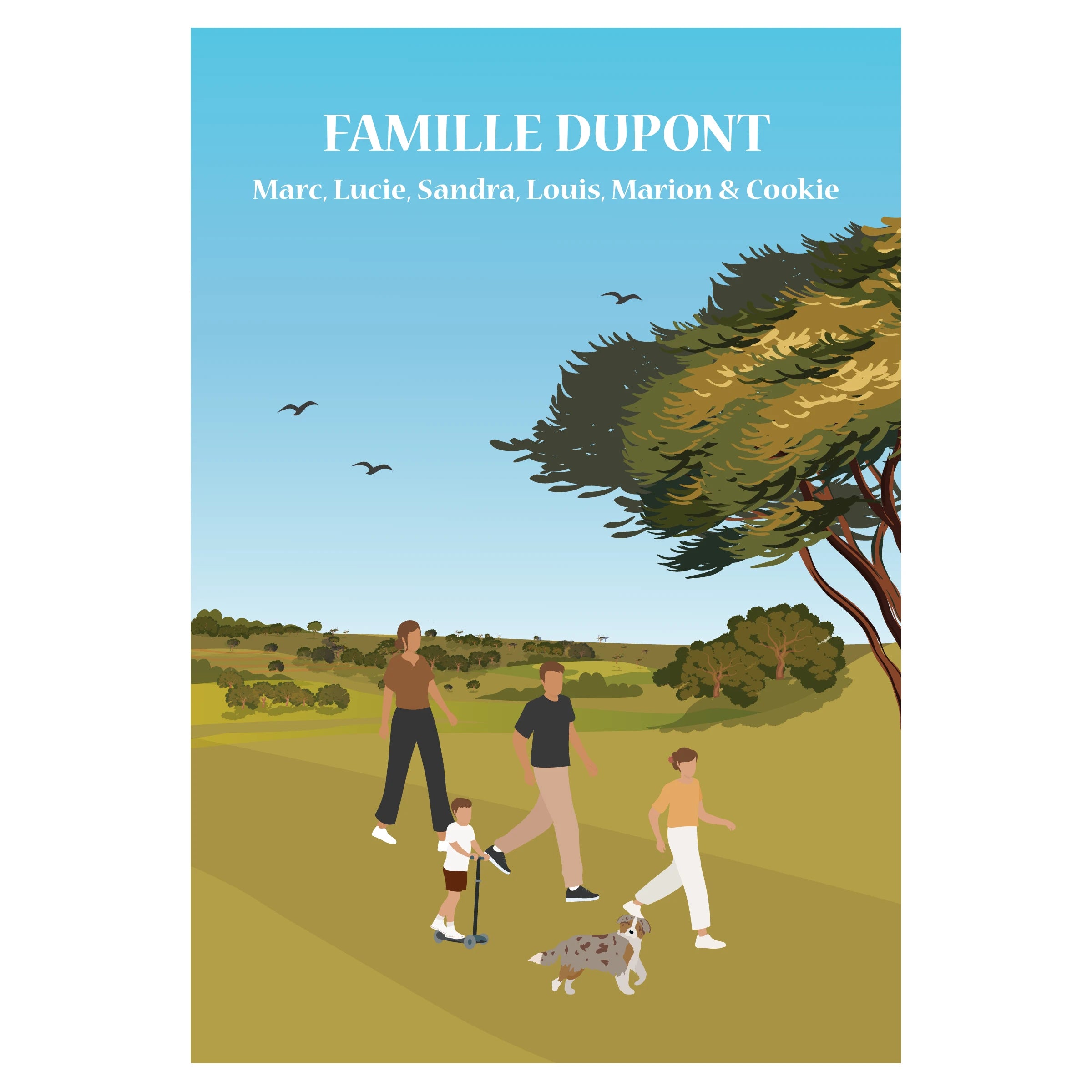 Affiche illustrée et personnalisable représentant une famille en balade, avec différents fonds disponibles (nature, mer ou montagne).