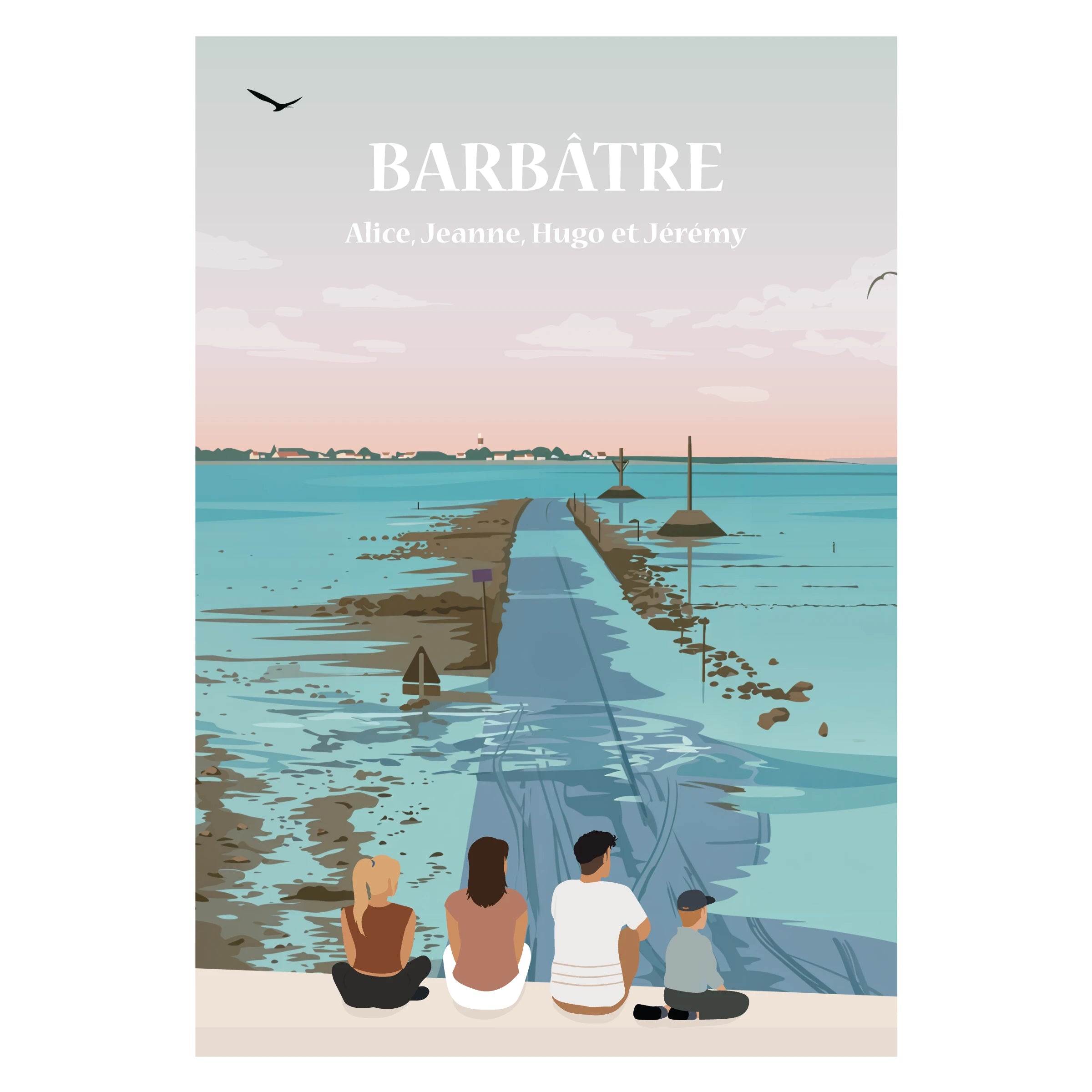 Affiche illustrée d'une famille face à Barbâtre / Passage du Gois