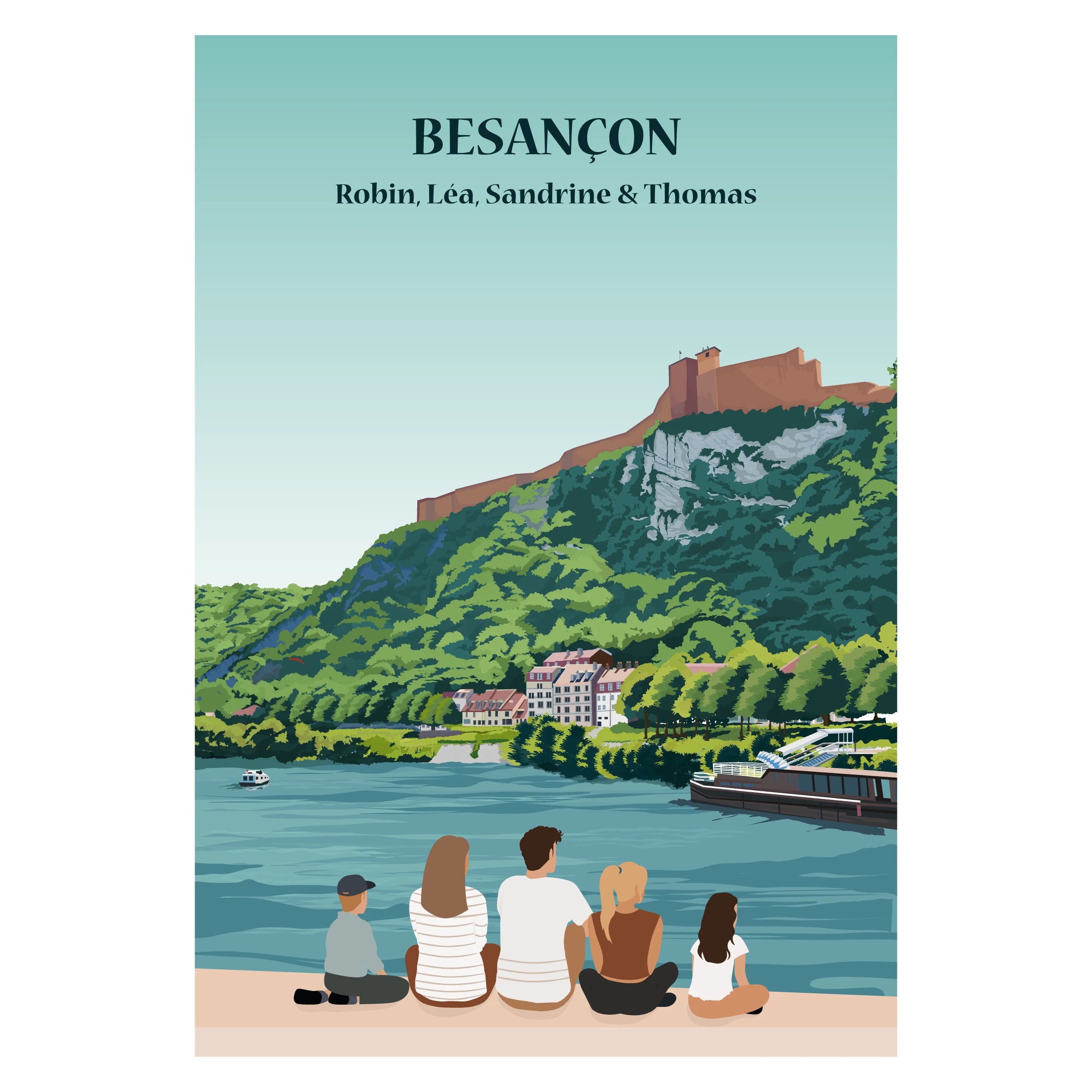 Affiche illustrée et personnalisable représentant une famille face à la citadelle de Besançon et aux paysages entourant la boucle du Doubs.