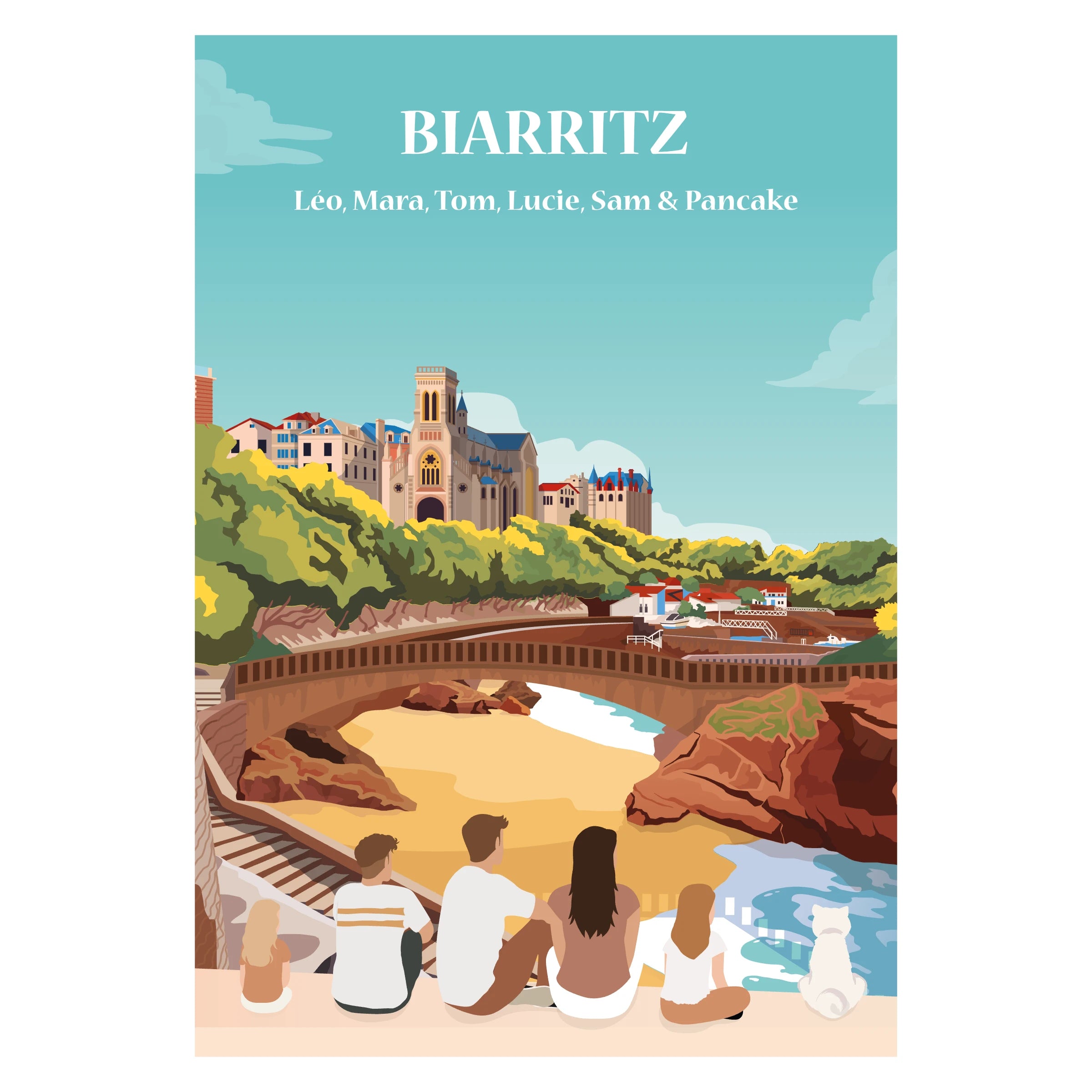 Affiche illustrée d'une famille assise face à la ville de Biarritz