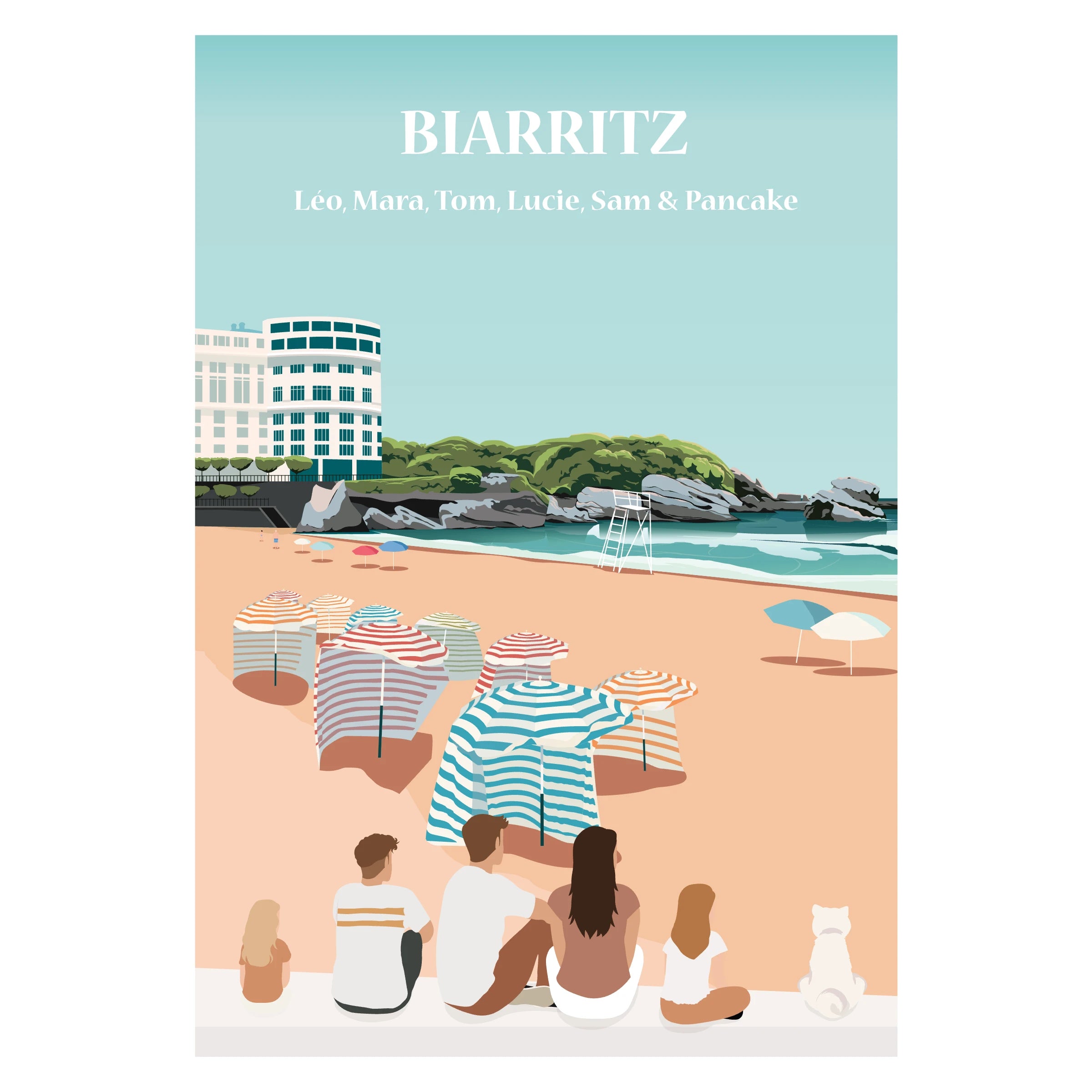 Affiche illustrée d'une famille assise face à la ville de Biarritz