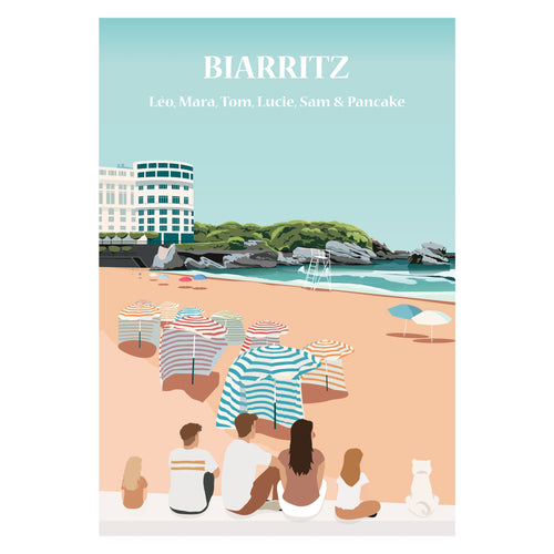Affiche illustrée d'une famille assise face à la ville de Biarritz