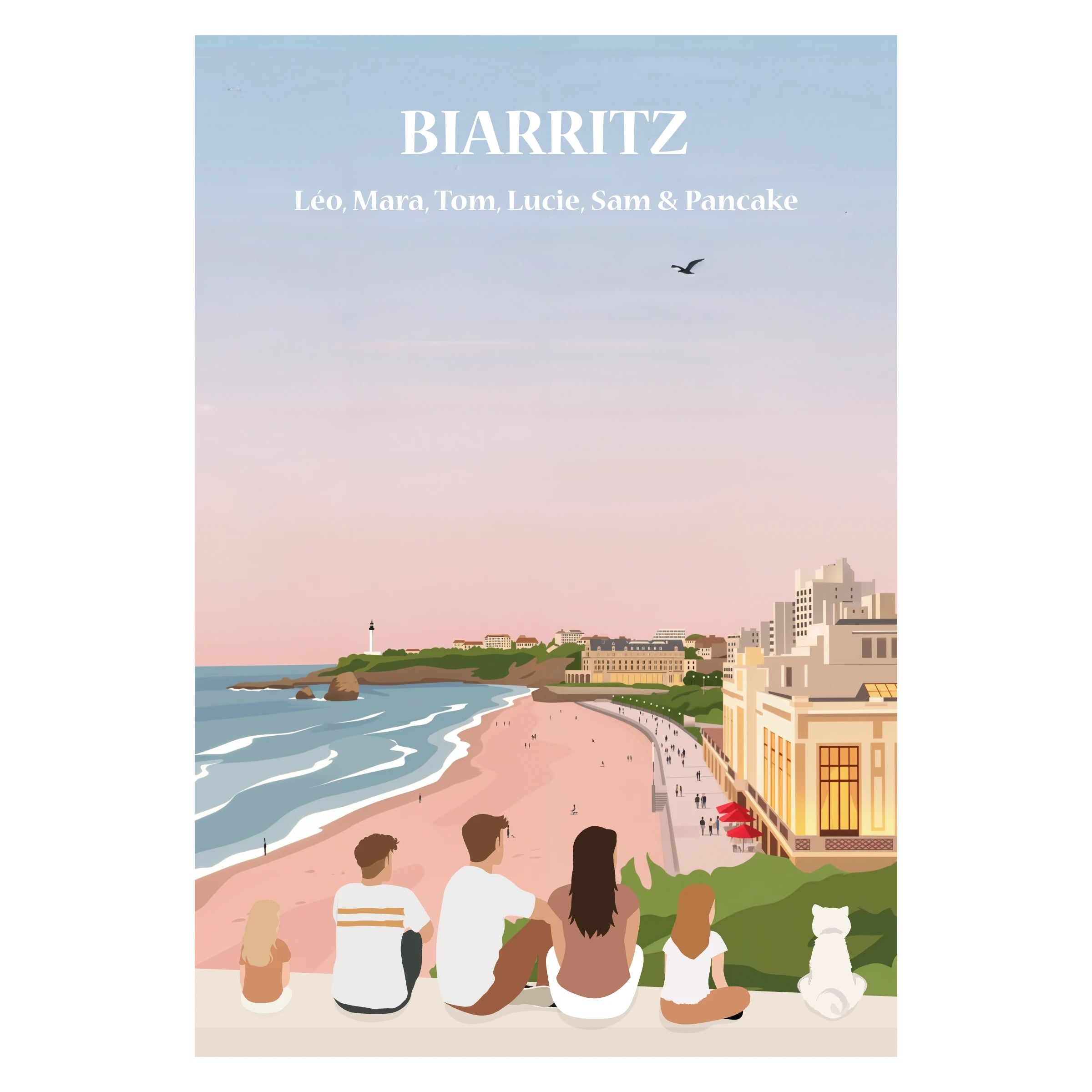 Affiche illustrée d'une famille assise face à la ville de Biarritz