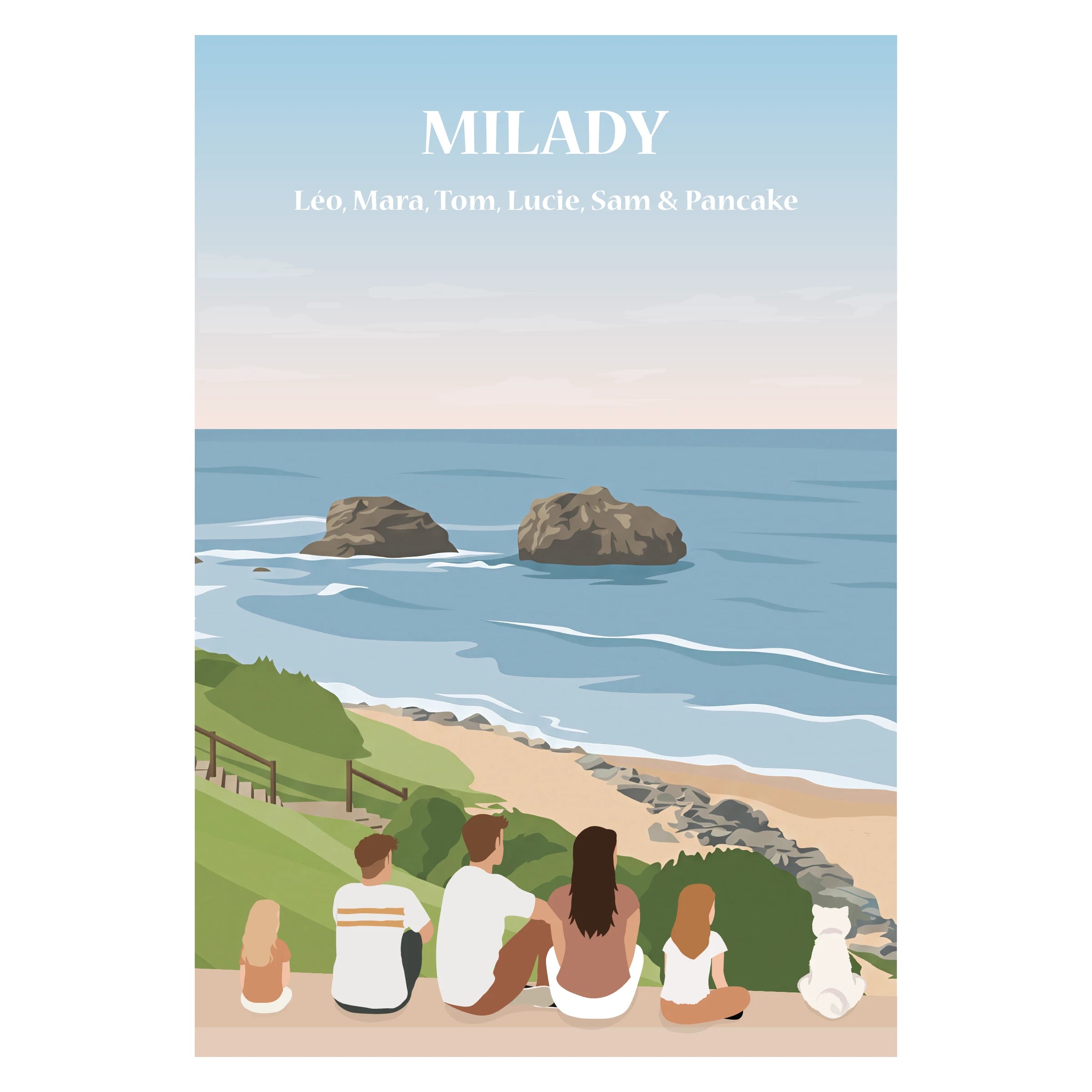 Affiche illustrée d'une famille assise face à la ville de Biarritz