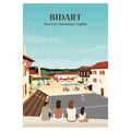 Affiche personnalisable représentant une famille assise de dos face au centre de Bidart avec le terrain de pelote basque