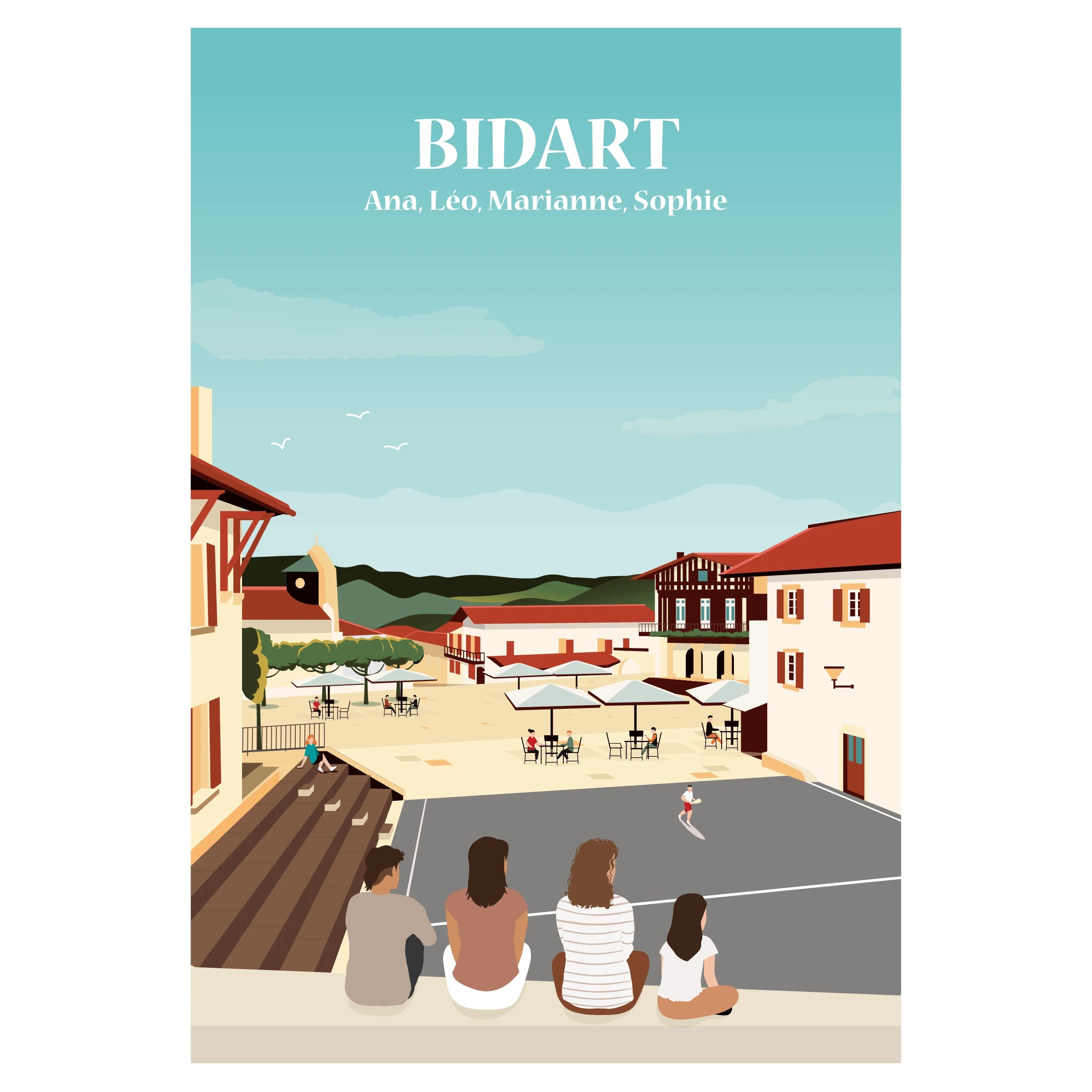 Affiche personnalisable représentant une famille assise de dos face au centre de Bidart avec le terrain de pelote basque