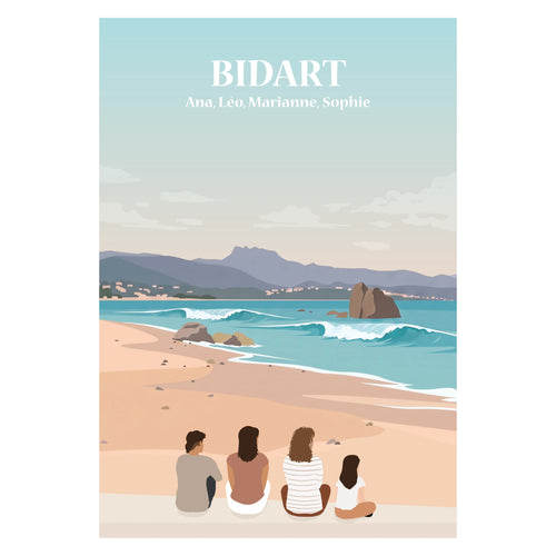 Affiche personnalisable représentant une famille assise de dos face au centre de Bidart avec le terrain de pelote basque