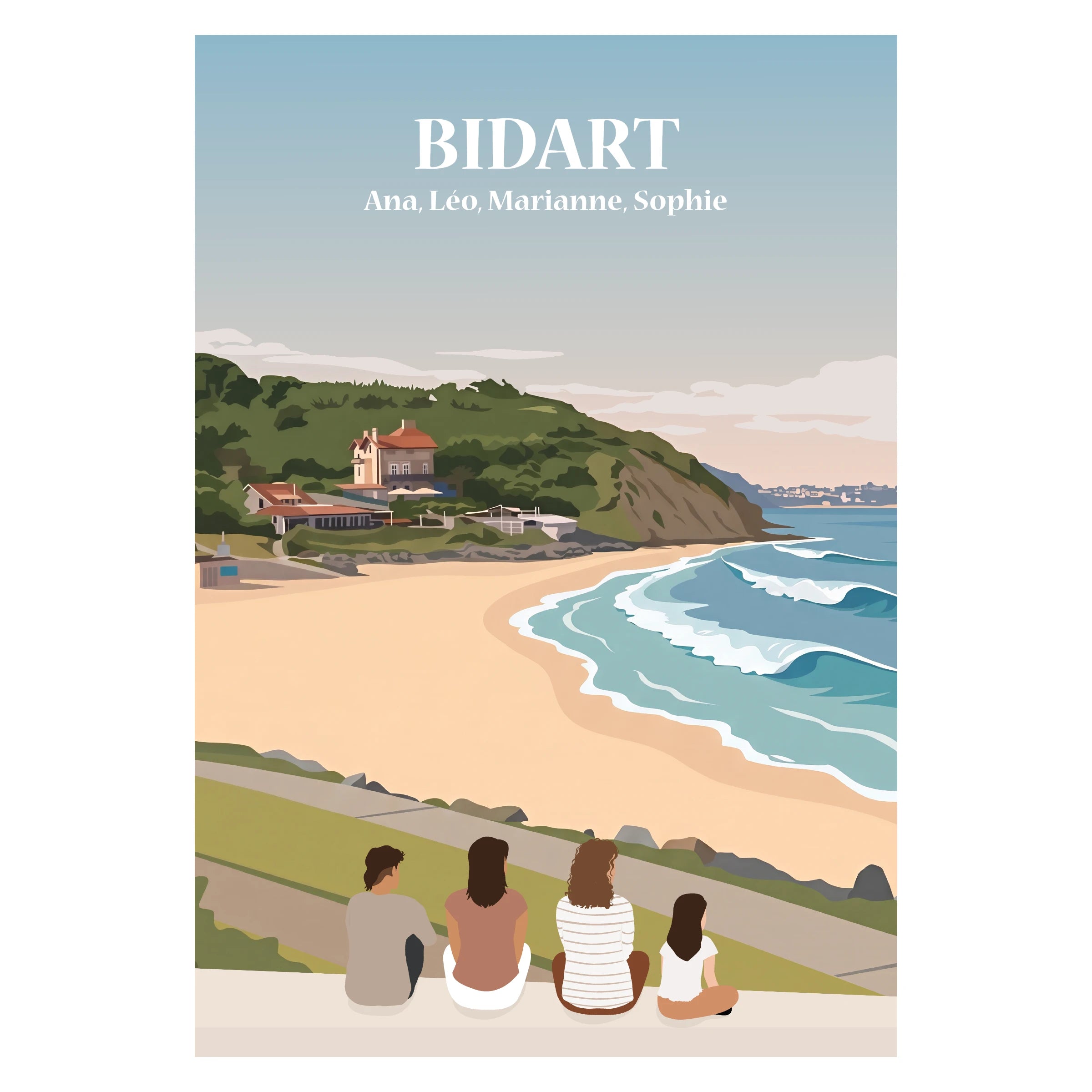 Affiche personnalisable représentant une famille assise de dos face au centre de Bidart avec le terrain de pelote basque