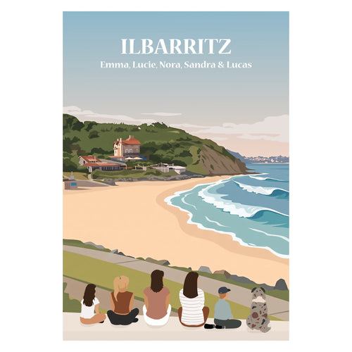 Affiche illustrée d'une famille assise de dos devant les plages de Bidart.