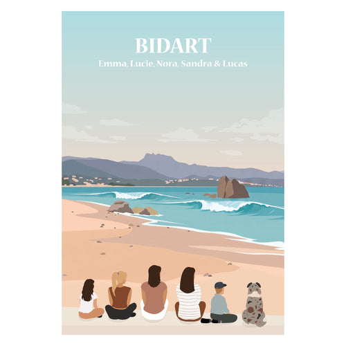 Affiche illustrée d'une famille assise de dos devant les plages de Bidart.