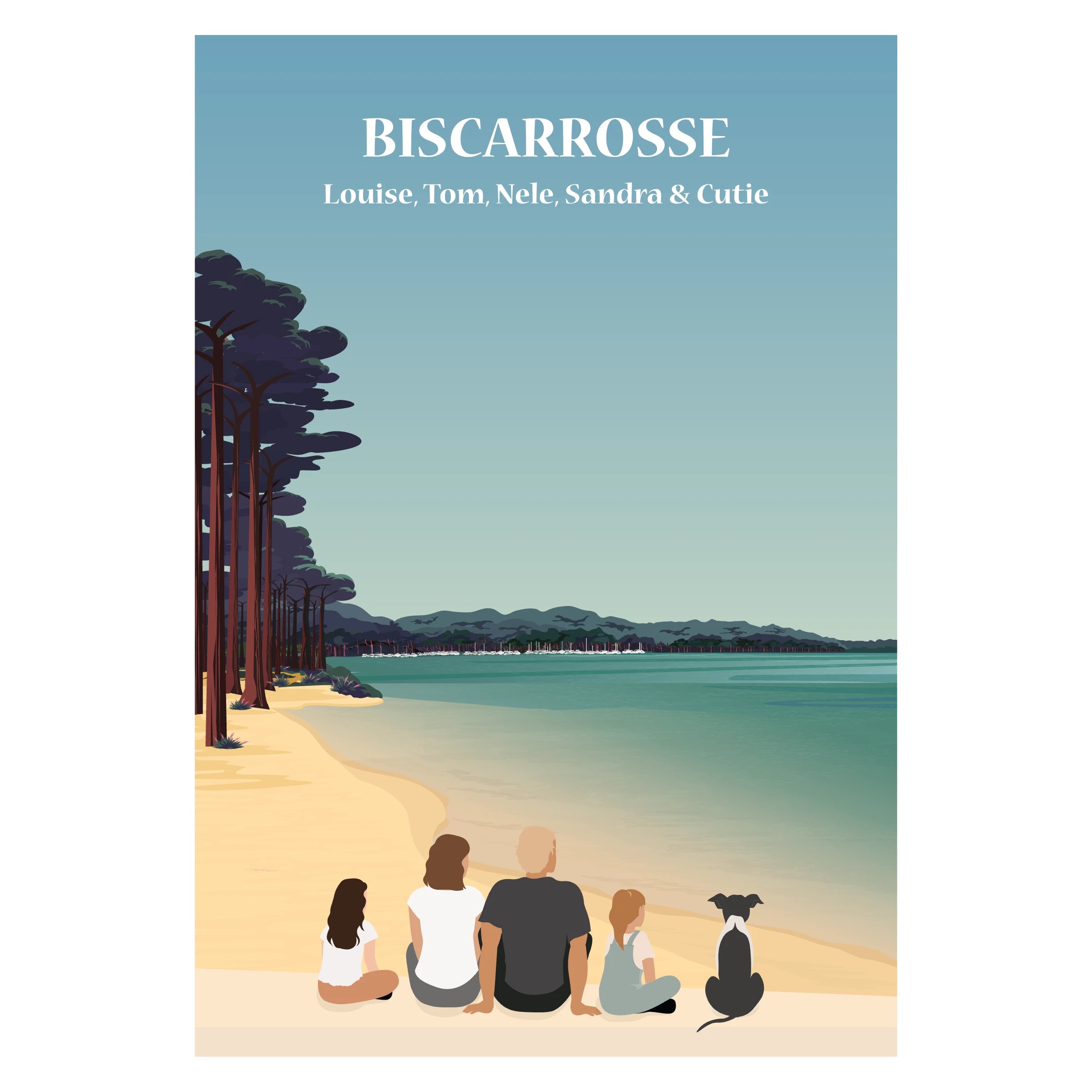 Affiche illustrée et personnalisable représentant une famille face à Biscarrosse, avec un fond au choix : plage et océan Atlantique ou lac de Biscarrosse entouré de pins.