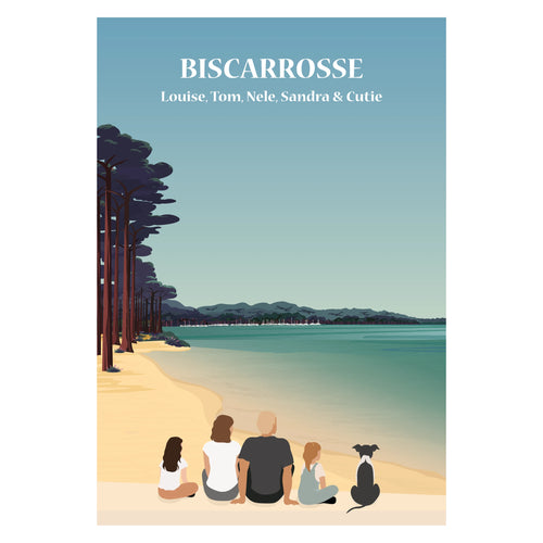 Affiche illustrée et personnalisable représentant une famille face à Biscarrosse, avec un fond au choix : plage et océan Atlantique ou lac de Biscarrosse entouré de pins.