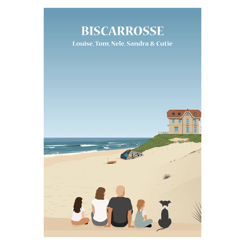 Affiche illustrée et personnalisable représentant une famille face à Biscarrosse, avec un fond au choix : plage et océan Atlantique ou lac de Biscarrosse entouré de pins.