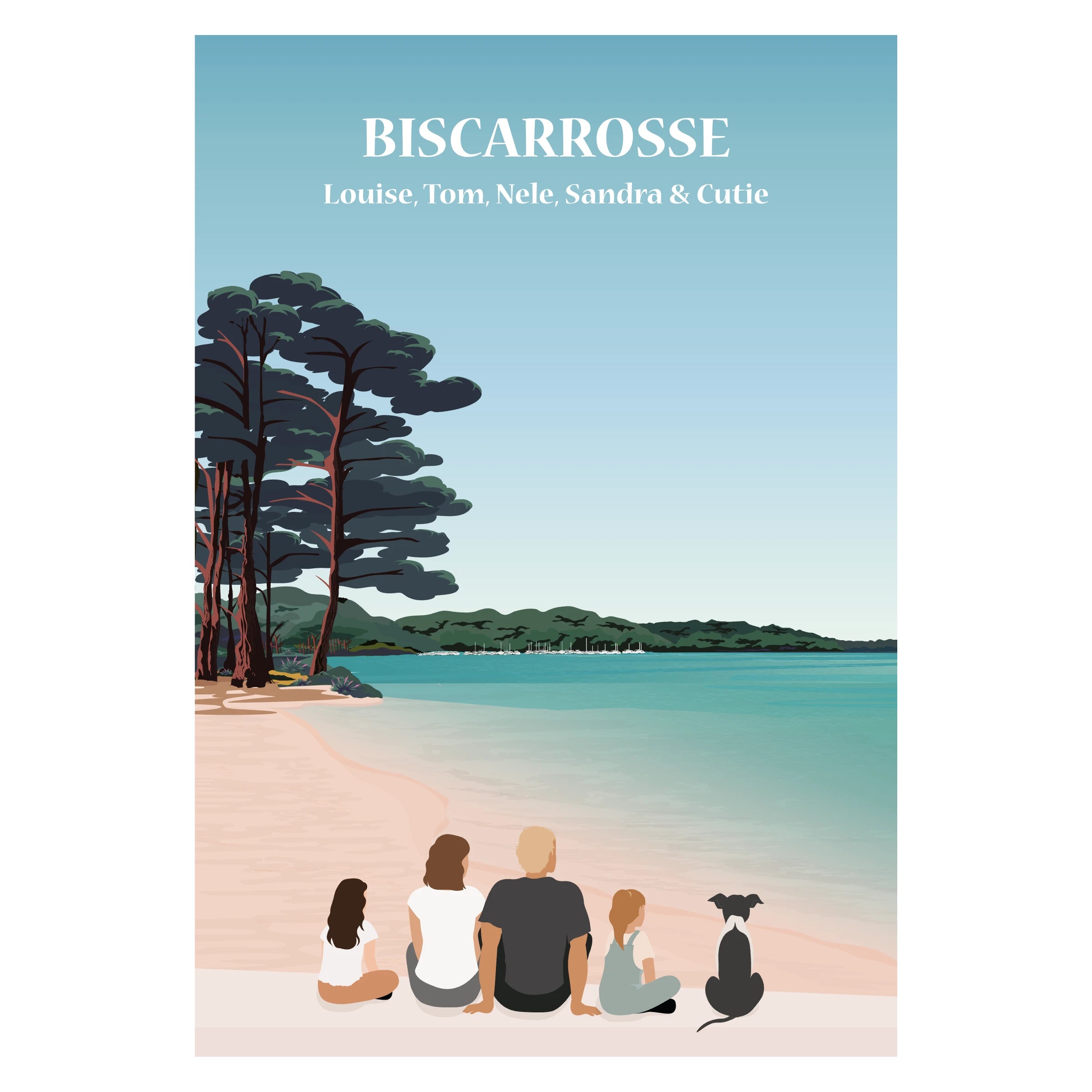 Affiche illustrée et personnalisable représentant une famille face à Biscarrosse, avec un fond au choix : plage et océan Atlantique ou lac de Biscarrosse entouré de pins.