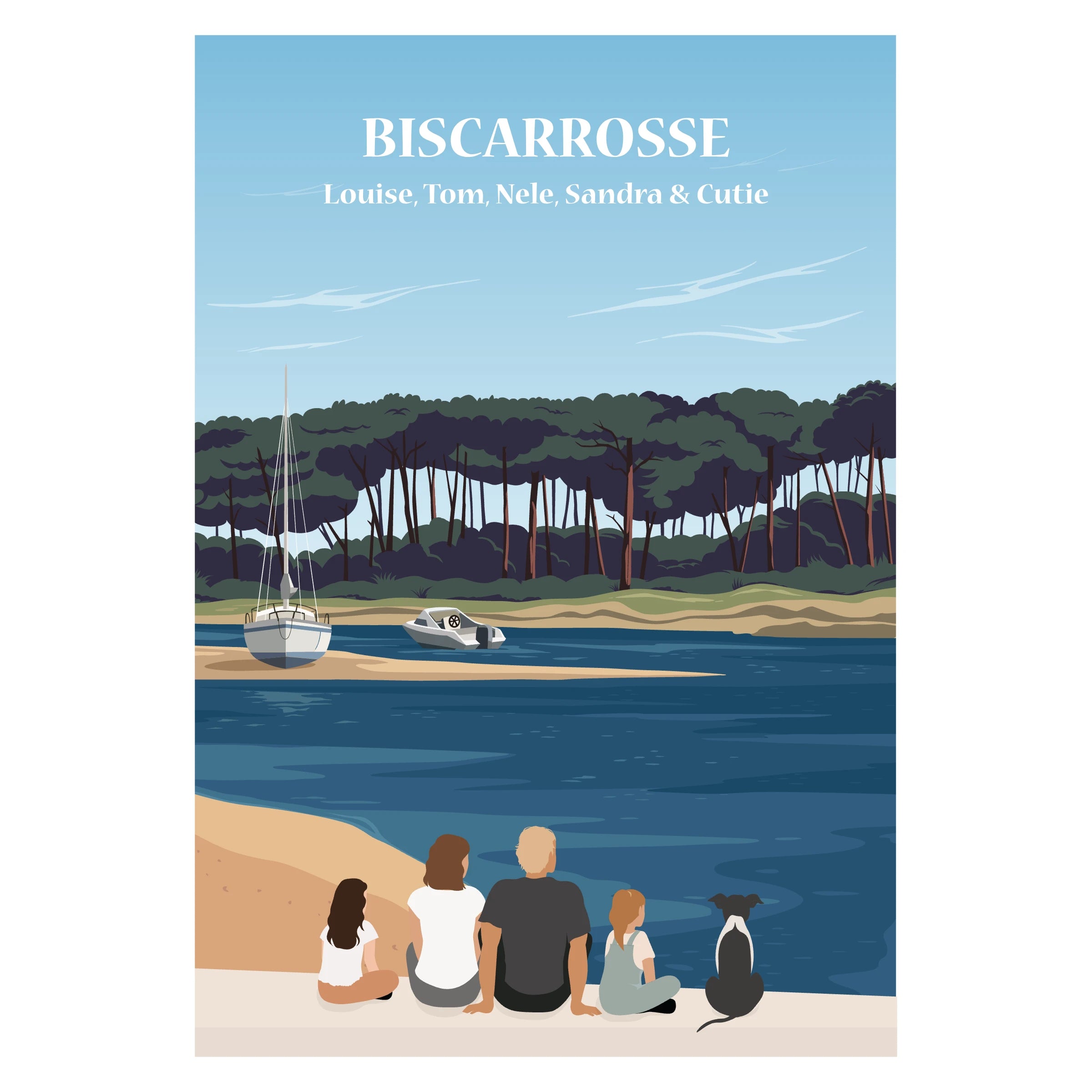 Affiche illustrée et personnalisable représentant une famille face à Biscarrosse, avec un fond au choix : plage et océan Atlantique ou lac de Biscarrosse entouré de pins.