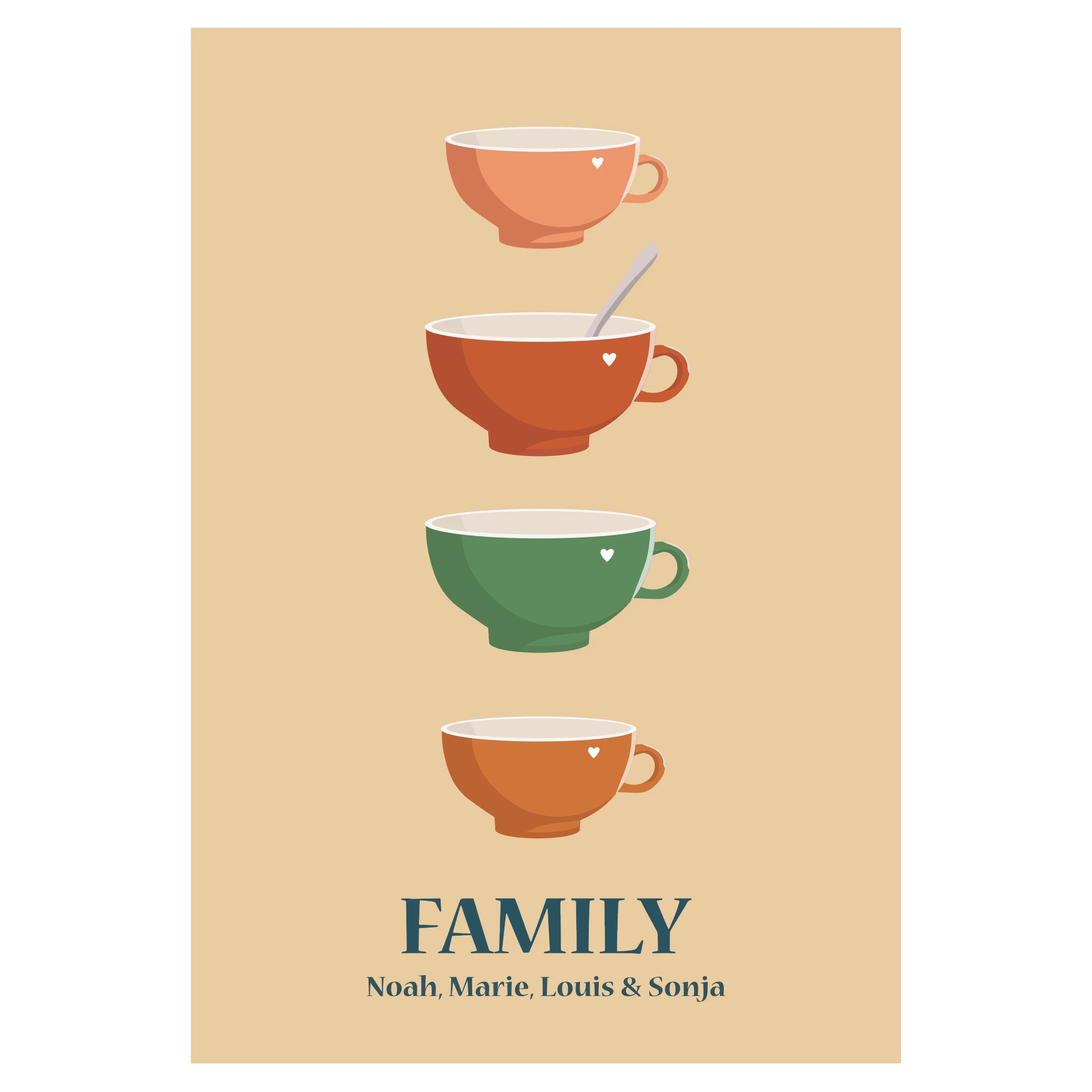 Affiche personnalisée de plusieurs bols représentant une famille devant un fond beige. 