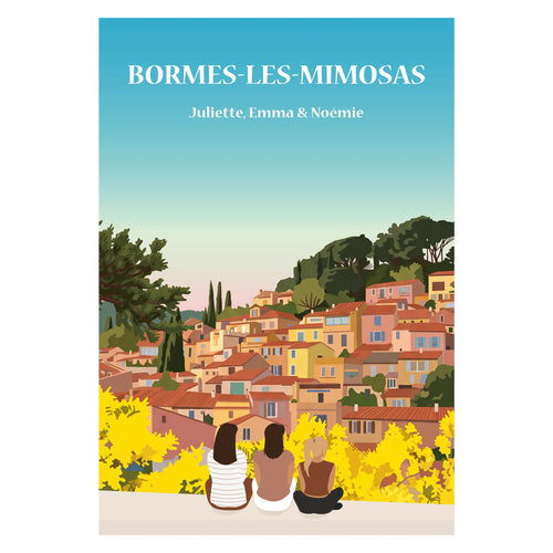 Une famille assise sur un banc face à Bormes-les-Mimosas