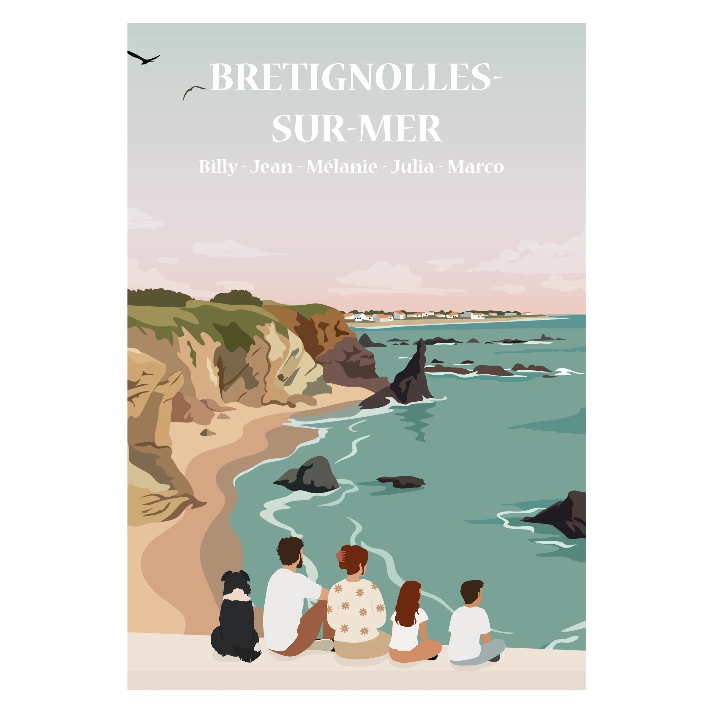 Une famille est leur chien assis face à la mer et au village de Brétignolles-sur-mer