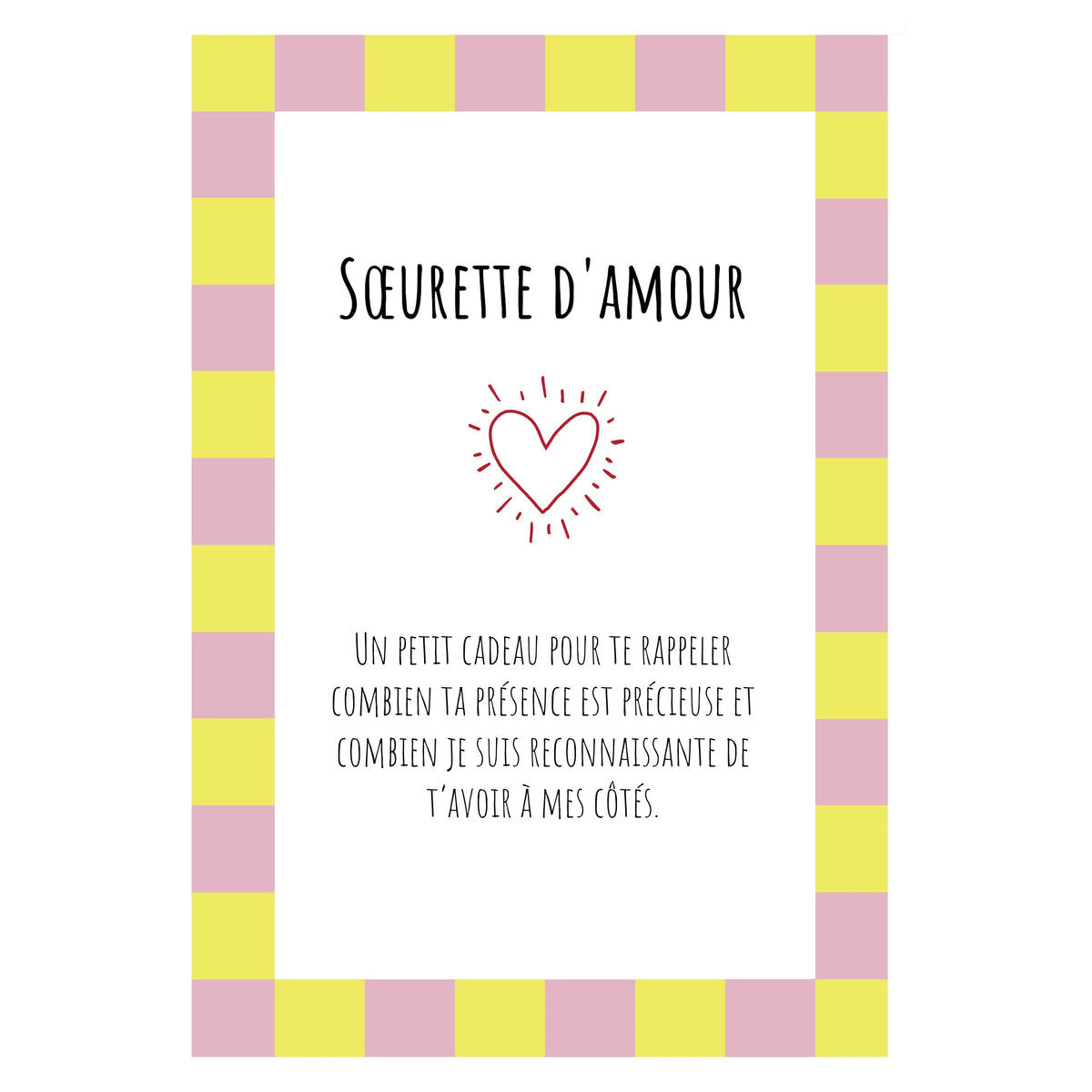 Carte colorée avec un texte personnalisable et un cœur.
