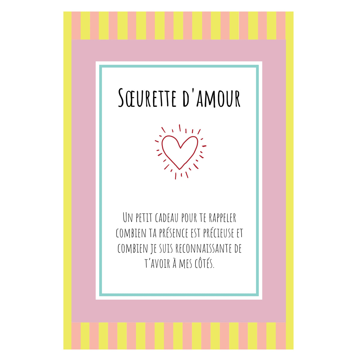 Carte colorée avec un texte personnalisable et un cœur.