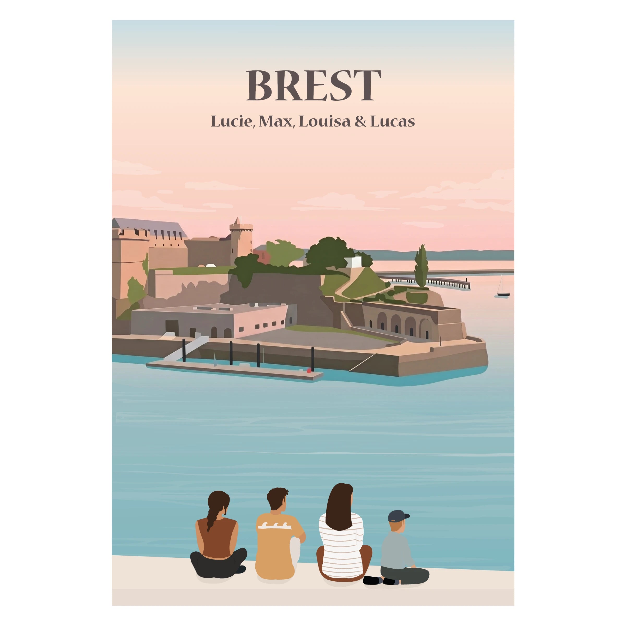 Affiche illustrée d'une famille assise sur un petit mur face au château de Brest.