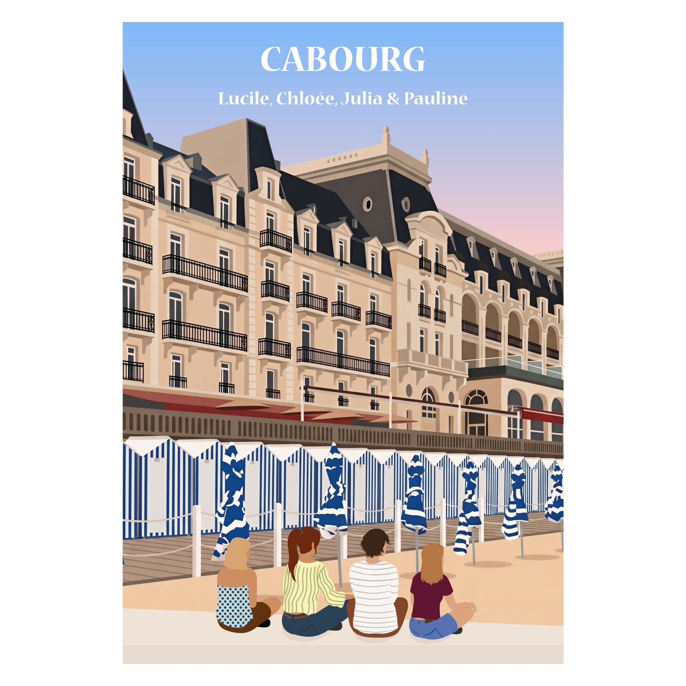 une famille assise sur un banc face à l'hotel de Cabourg