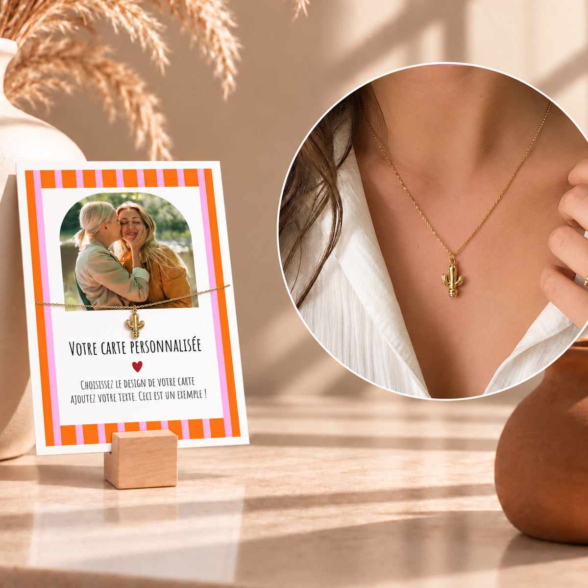 Collier Cactus avec Carte Photo & Message Personnalisée - Acier Inoxidable