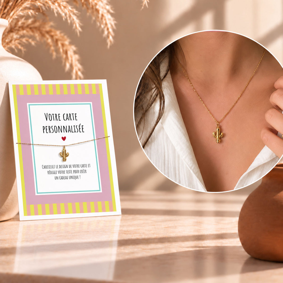 Collier Cactus en Acier Inoxidable avec Carte Personnalisée