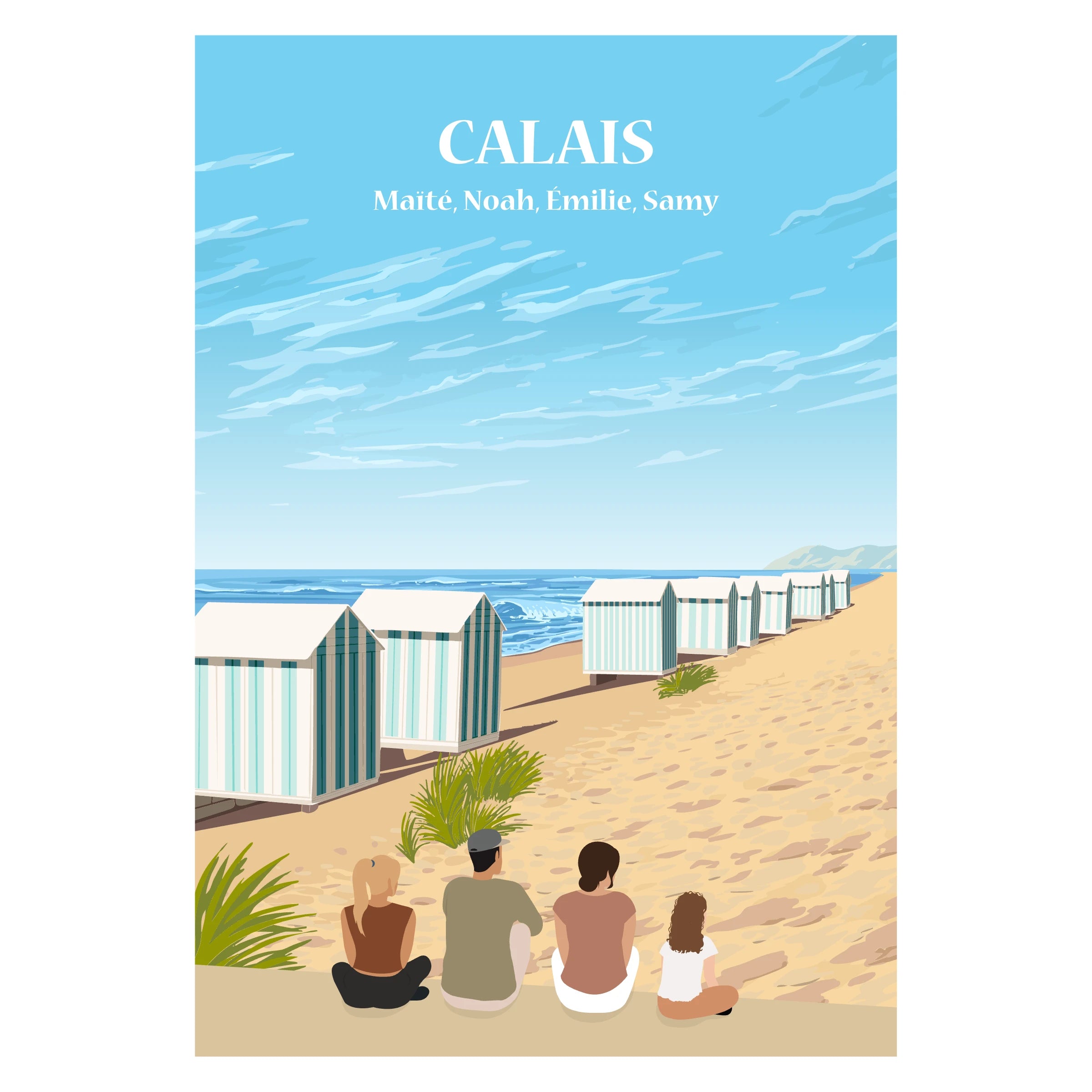 Affiche illustrée et personnalisable représentant une famille face à la mer à Calais, avec la plage et l’horizon maritime.
