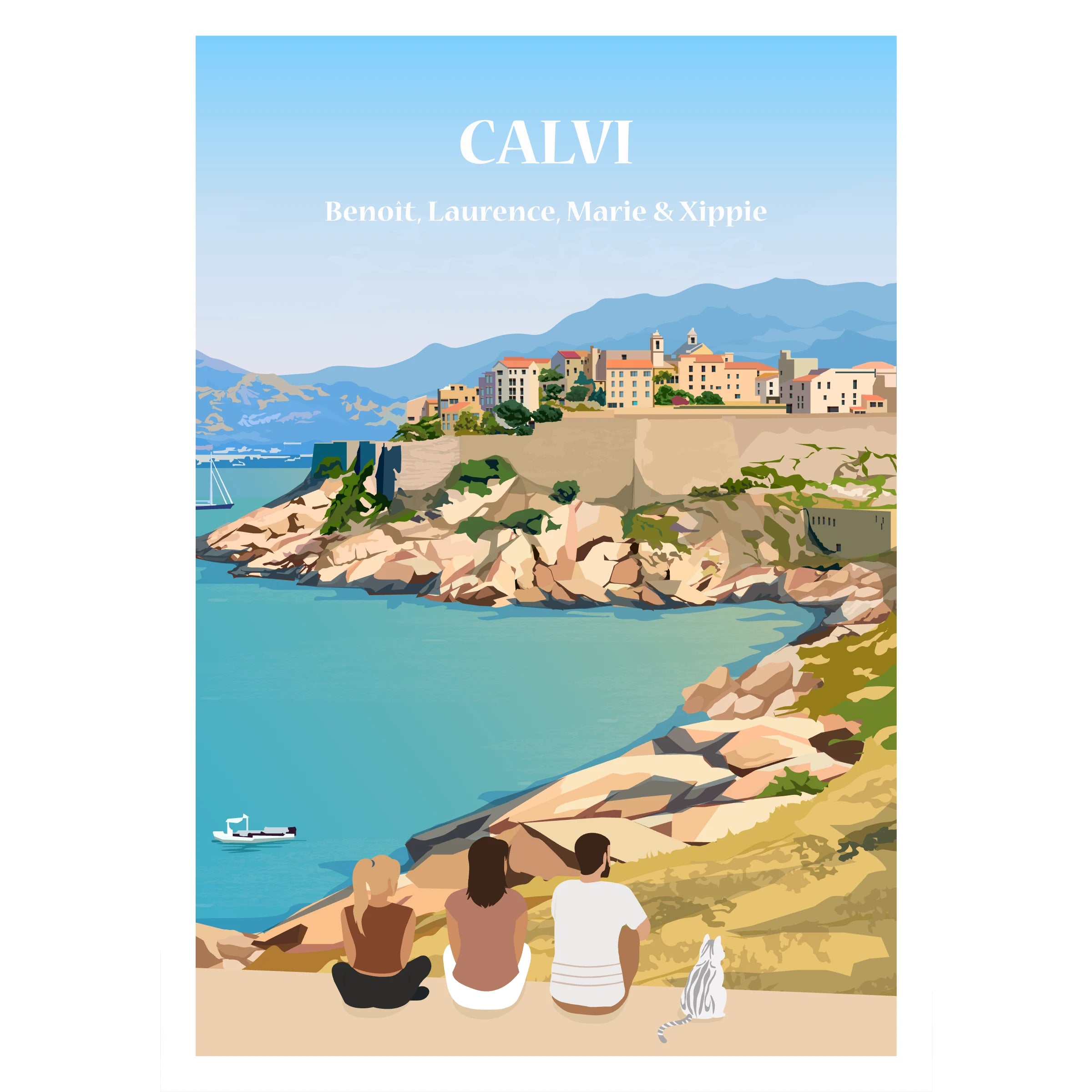 Affiche personnalisée d'une famille en vacances à Calvi