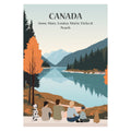 Affiche illustrée et personnalisable représentant une famille face à un lac et aux paysages naturels du Canada, entourés de forêts et de montagnes.
