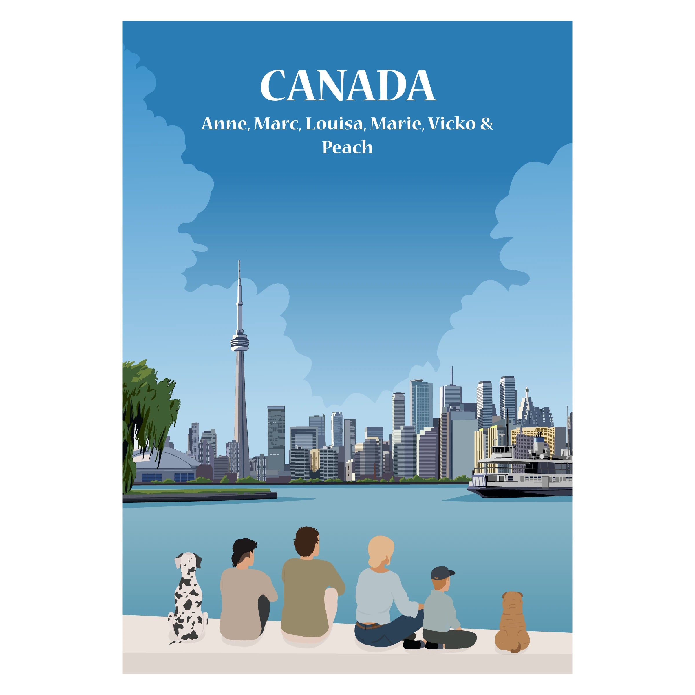 Affiche illustrée et personnalisable représentant une famille face à un lac et aux paysages naturels du Canada, entourés de forêts et de montagnes.