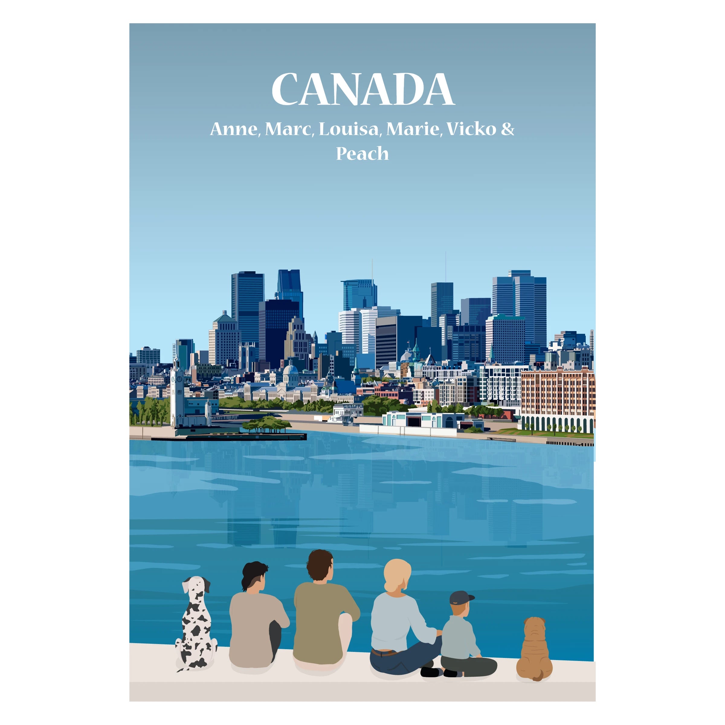 Affiche illustrée et personnalisable représentant une famille face à un lac et aux paysages naturels du Canada, entourés de forêts et de montagnes.