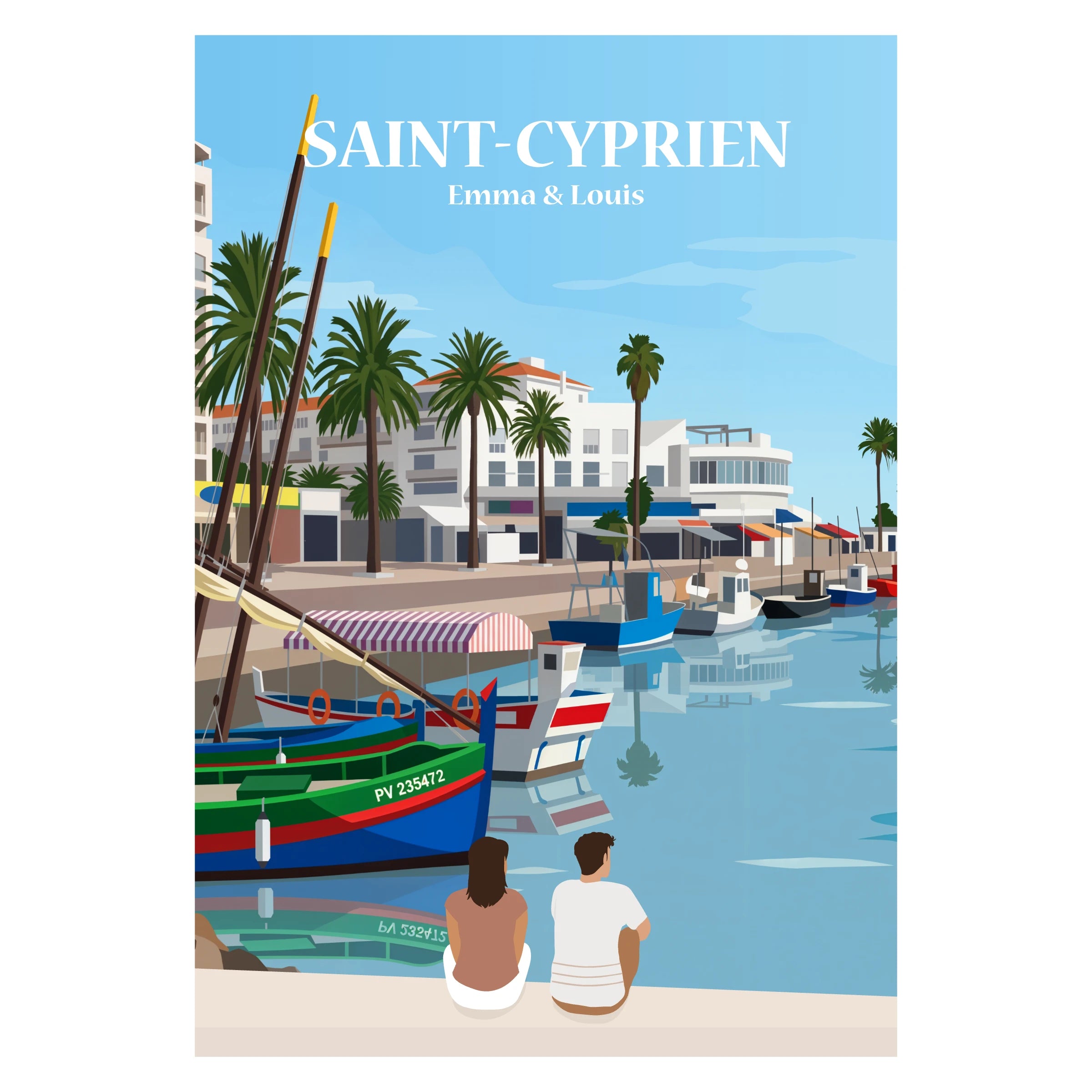 Affiche personnalisée Saint-Cyprien en famille devant le port, avec des bateaux amarrés et une ambiance méditerranéenne ensoleillée