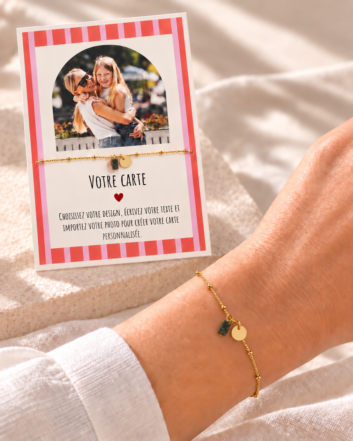 Bracelet Doré Pierre Colorée avec Carte Photo & Message Personnalisée