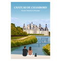 Affiche illustrée et personnalisable représentant une famille face au château de Chambord, entouré de ses jardins majestueux et des paysages emblématiques de la vallée de la Loire.