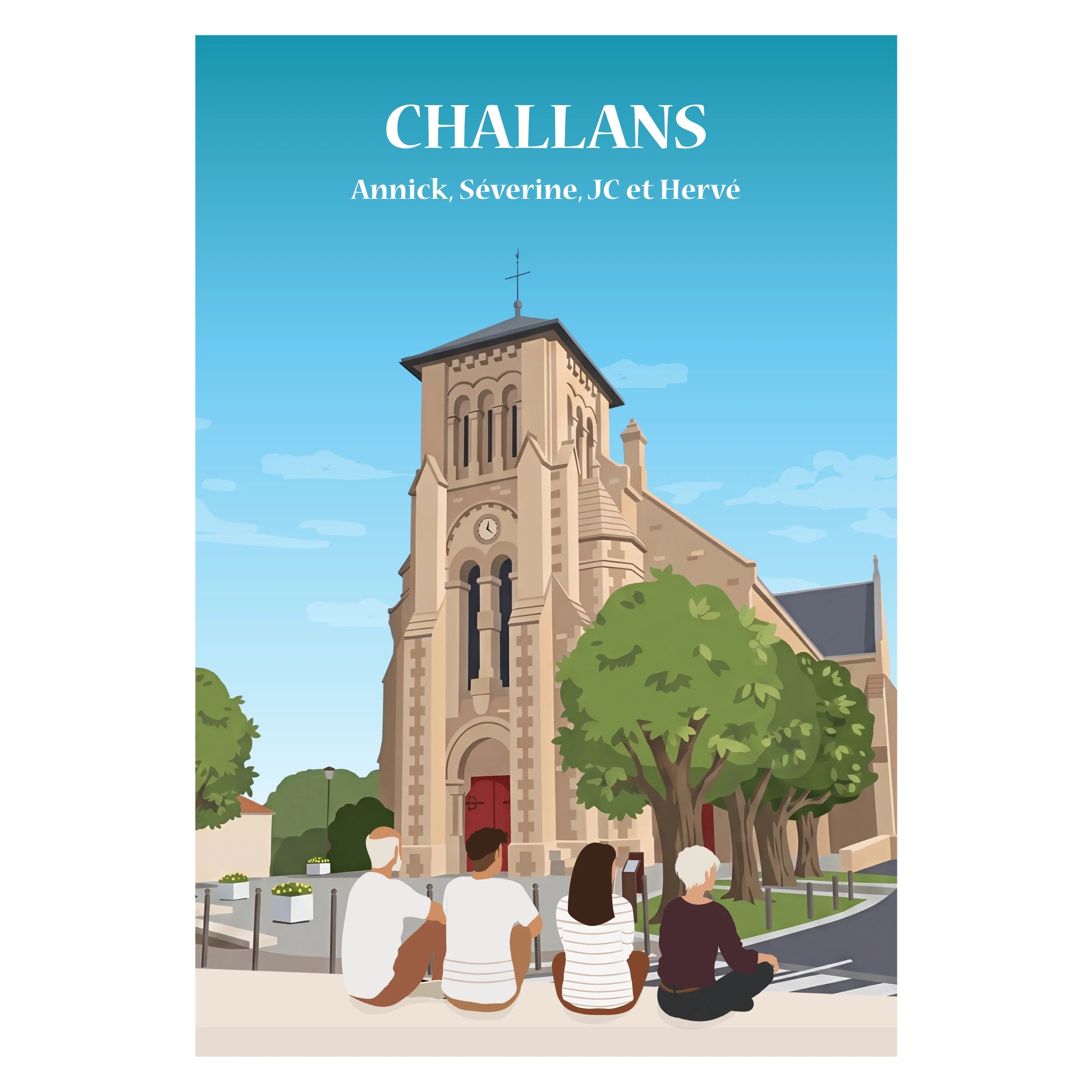 une famille assise sur un banc face à l'église de Challans.