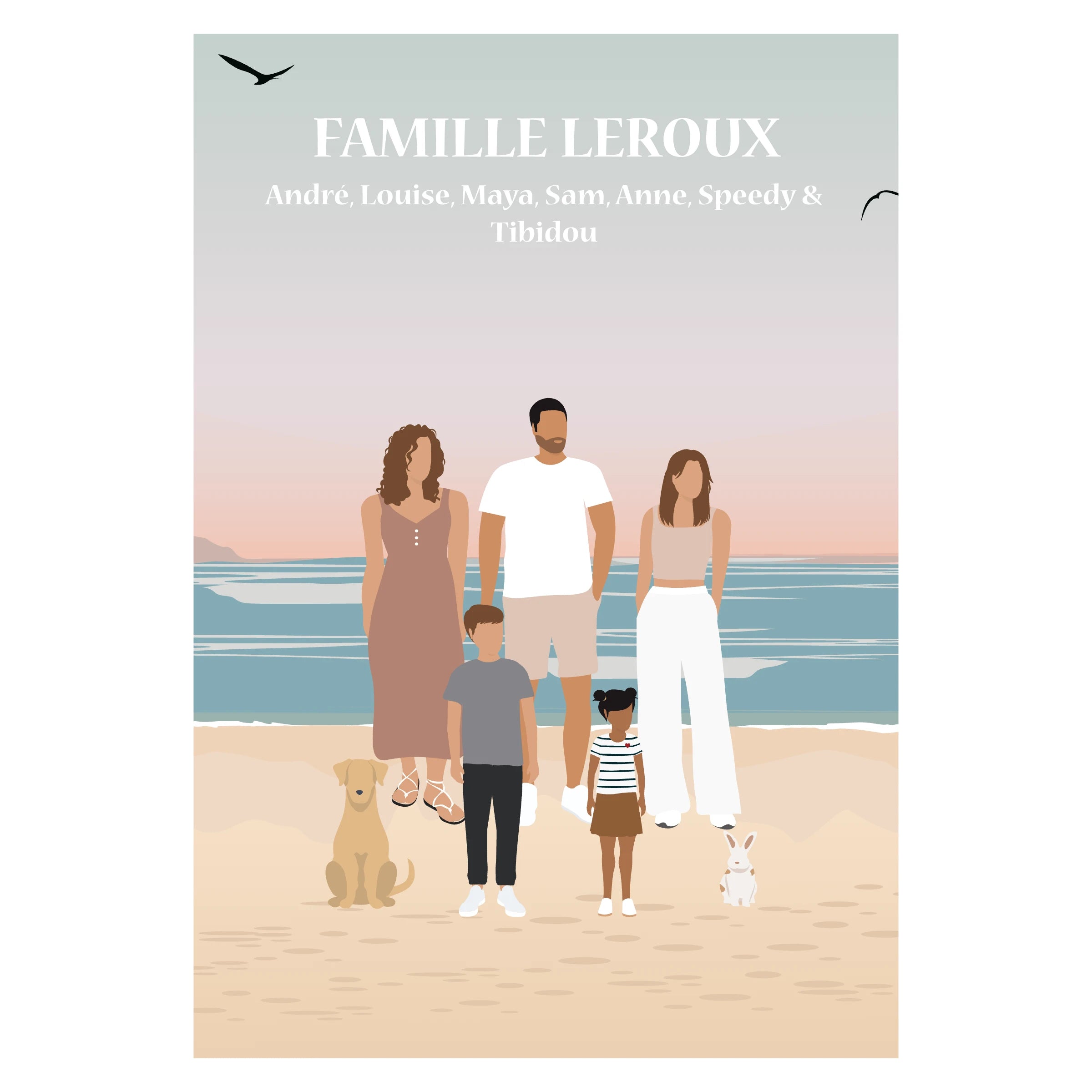 Affiche illustrée et personnalisée représentant une famille à la plage, sur le sable face à la mer